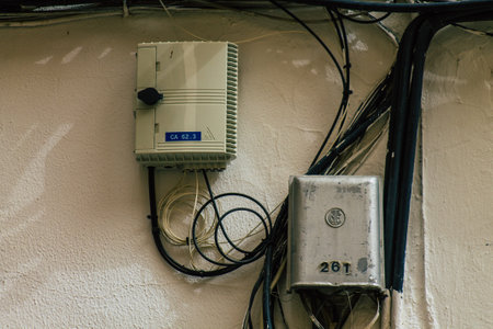Carmona Spain July 16, 2021 Electric cables on the facade of a building in the streets of Carmona, the town shows a typical narrow and meandering Arabic layoutの写真素材