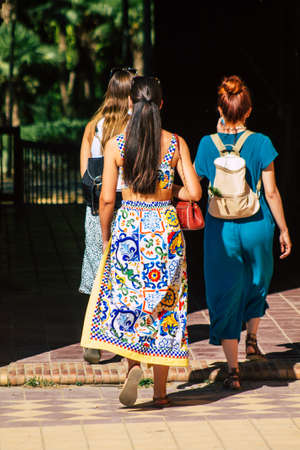 Seville Spain July 09, 2021 Pedestrians walking in the streets of Seville during the coronavirus outbreak hitting Spain, wearing a mask in the street is not mandatoryのeditorial素材