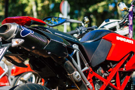 Seville Spain July 09, 2021 Ducati motorcycle parked in the streets of Seville, an emblematic city...
