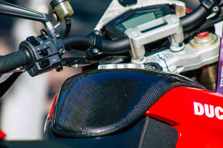 Seville Spain July 09, 2021 Ducati motorcycle parked in the streets of Seville, an emblematic city and the capital of the region of Andalusia, in the south of Spainのeditorial素材