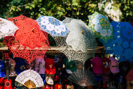 Seville Spain July 10, 2021 Decorative objects and souvenirs sold at Maria Luisa Park in Seville, an emblematic city and the capital of the region of Andalusia, in the south of Spainのeditorial素材