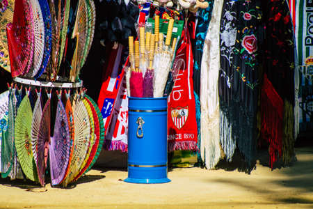 Seville Spain July 10, 2021 Decorative objects and souvenirs sold at Maria Luisa Park in Seville, an...