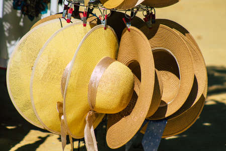 Seville Spain July 10, 2021 Decorative objects and souvenirs sold at Maria Luisa Park in Seville, an...