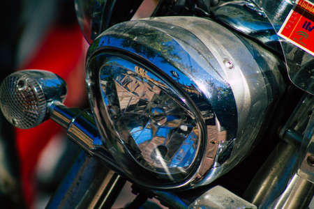 Seville Spain July 09, 2021 Closeup of the mechanics of a motorcycle parked in a parking lot located...