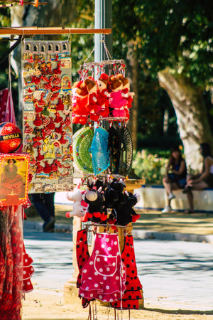 Seville Spain July 10, 2021 Decorative objects and souvenirs sold at Maria Luisa Park in Seville, an emblematic city and the capital of the region of Andalusia, in the south of Spainのeditorial素材