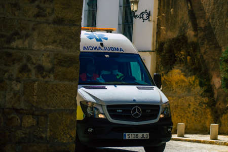 Carmona Spain July 14, 2021 Ambulance driving through the streets of Carmona during the coronavirus...