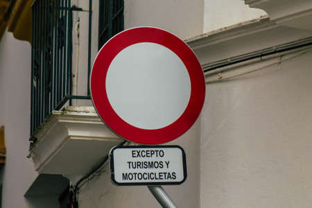 Carmona Spain July 15, 2021 Road sign, erected at the side of or above roads to provide information to road user in the typical narrow and meandering town of Carmona called The Bright Star of Europeのeditorial素材