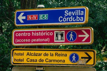 Carmona Spain July 15, 2021 Road sign, erected at the side of or above roads to provide information...