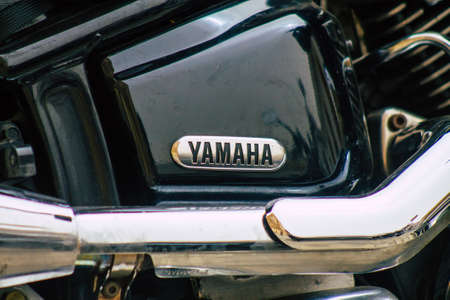 Seville Spain July 12, 2021 Closeup of the mechanics of a motorcycle parked in a parking lot located...