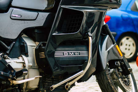 Seville Spain July 12, 2021 Closeup of the mechanics of a motorcycle parked in a parking lot located...
