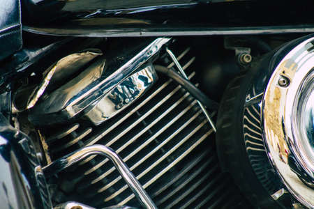 Seville Spain July 12, 2021 Closeup of the mechanics of a motorcycle parked in a parking lot located...