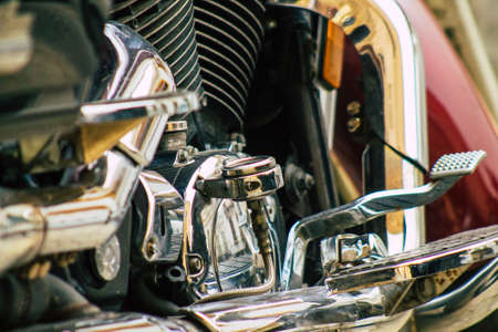 Seville Spain July 12, 2021 Closeup of the mechanics of a motorcycle parked in a parking lot located...