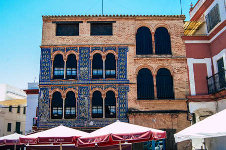 Carmona Spain July 18, 2021 Facade of old house in the streets of Carmona called The Bright Star of Europe, the town shows a typical narrow and meandering Arabic layoutの写真素材