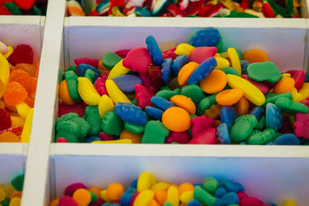 Carmona Spain July 19, 2021 Various sweet candies sold at the local market in downtown during...