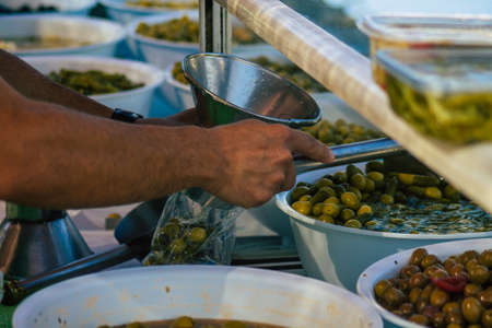 Carmona Spain July 19, 2021 Various olives sold at the local market in downtown during Coronavirus...