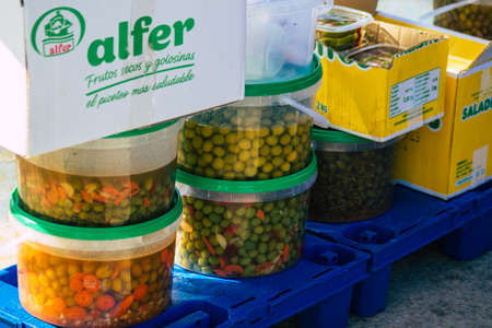 Carmona Spain July 19, 2021 Various olives sold at the local market in downtown during Coronavirus outbreak hitting Spain, wearing a mask is mandatoryのeditorial素材