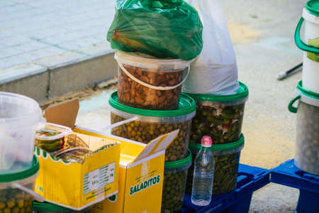 Carmona Spain July 19, 2021 Various olives sold at the local market in downtown during Coronavirus...