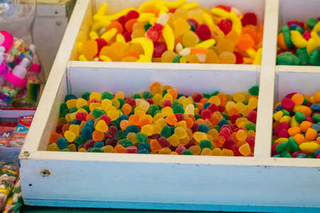 Carmona Spain July 19, 2021 Various sweet candies sold at the local market in downtown during Coronavirus outbreak hitting Spain, wearing a mask is mandatoryのeditorial素材
