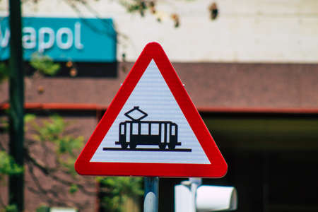 Seville Spain July 10, 2021 Street sign or road sign, erected at the side of or above roads to provide information to road user in the downtown area of Sevilleのeditorial素材