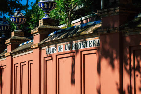 Seville Spain July 10, 2021 Street sign or road sign, erected at the side of or above roads to provide information to road user in the downtown area of Sevilleのeditorial素材