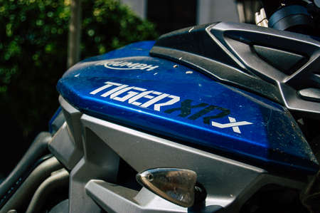 Carmona Spain July 18, 2021 Triumph TIGER XRx 800 motorcycle parked in the streets of Carmona, the...