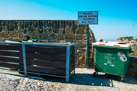 Carmona Spain July 18, 2021 Garbage container in the streets of Carmona called The Bright Star of Europe, the town shows a typical narrow and meandering Arabic layoutのeditorial素材