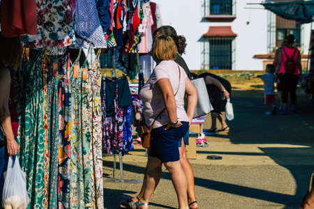 Carmona Spain July 19, 2021 Unidentified Spanish people with face mask shopping at local market in...