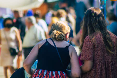 Carmona Spain July 19, 2021 Unidentified Spanish people with face mask shopping at local market in downtown during Coronavirus outbreak hitting Spain, wearing a mask is mandatoryのeditorial素材