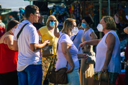 Carmona Spain July 19, 2021 Unidentified Spanish people with face mask shopping at local market in...