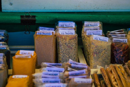 Carmona Spain July 19, 2021 Various dry fruits sold at the local market in downtown during Coronavirus outbreak hitting Spain, wearing a mask is mandatoryのeditorial素材