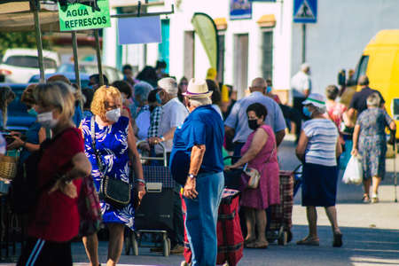 Carmona Spain July 19, 2021 Unidentified Spanish people with face mask shopping at local market in...