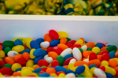 Carmona Spain July 19, 2021 Various sweet candies sold at the local market in downtown during Coronavirus outbreak hitting Spain, wearing a mask is mandatoryのeditorial素材