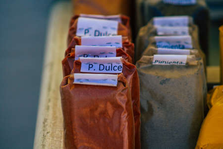 Carmona Spain July 19, 2021 Various dry fruits sold at the local market in downtown during Coronavirus outbreak hitting Spain, wearing a mask is mandatoryのeditorial素材