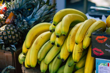 Carmona Spain July 19, 2021 Various fruits sold at the local market in downtown during Coronavirus outbreak hitting Spain, wearing a mask is mandatoryのeditorial素材