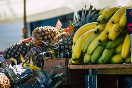 Carmona Spain July 19, 2021 Various fruits sold at the local market in downtown during Coronavirus outbreak hitting Spain, wearing a mask is mandatoryのeditorial素材