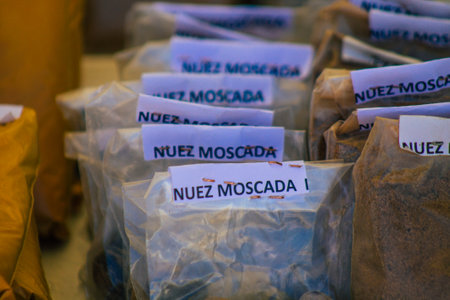 Carmona Spain July 19, 2021 Various dry fruits sold at the local market in downtown during Coronavirus outbreak hitting Spain, wearing a mask is mandatoryのeditorial素材