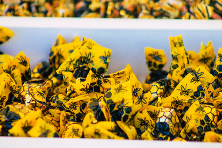 Carmona Spain July 19, 2021 Various sweet candies sold at the local market in downtown during Coronavirus outbreak hitting Spain, wearing a mask is mandatoryのeditorial素材