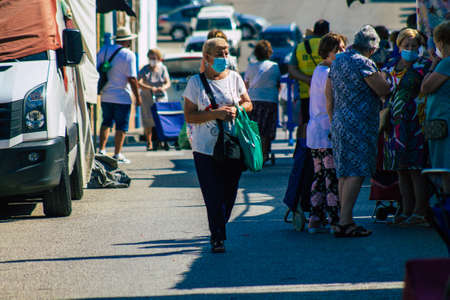 Carmona Spain July 19, 2021 Unidentified Spanish people with face mask shopping at local market in...