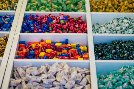Carmona Spain July 19, 2021 Various sweet candies sold at the local market in downtown during...