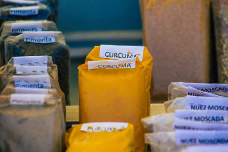 Carmona Spain July 19, 2021 Various dry fruits sold at the local market in downtown during Coronavirus outbreak hitting Spain, wearing a mask is mandatoryのeditorial素材