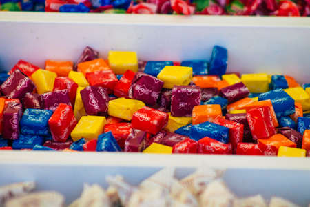 Carmona Spain July 19, 2021 Various sweet candies sold at the local market in downtown during Coronavirus outbreak hitting Spain, wearing a mask is mandatoryのeditorial素材