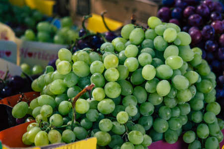 Carmona Spain July 19, 2021 Various fruits sold at the local market in downtown during Coronavirus outbreak hitting Spain, wearing a mask is mandatoryのeditorial素材