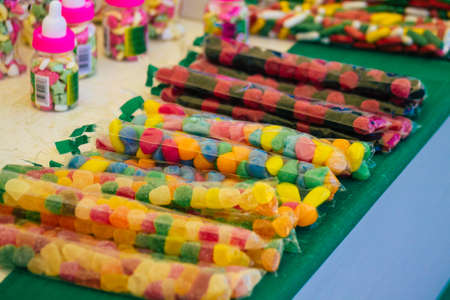 Carmona Spain July 19, 2021 Various sweet candies sold at the local market in downtown during Coronavirus outbreak hitting Spain, wearing a mask is mandatoryのeditorial素材