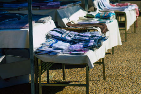 Carmona Spain July 19, 2021 Various summer clothes sold at the local market in downtown during...
