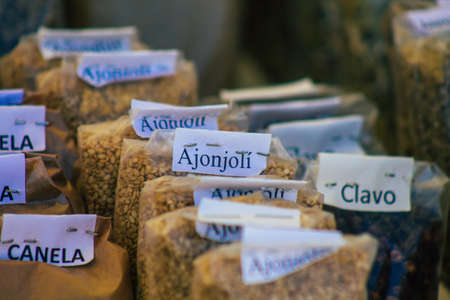 Carmona Spain July 19, 2021 Various dry fruits sold at the local market in downtown during Coronavirus outbreak hitting Spain, wearing a mask is mandatoryのeditorial素材