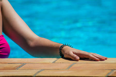 Carmona Spain July 20, 2021 Unidentified people having fun in the countryside near a swimming pool during the summer, This activity is particularly appreciated by the localsの写真素材