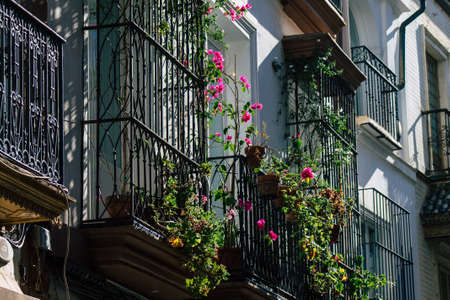 Seville Spain July 21, 2021 Facade of a building in the streets of Seville, an emblematic city and the capital of the region of Andalusia, in the south of Spainのeditorial素材