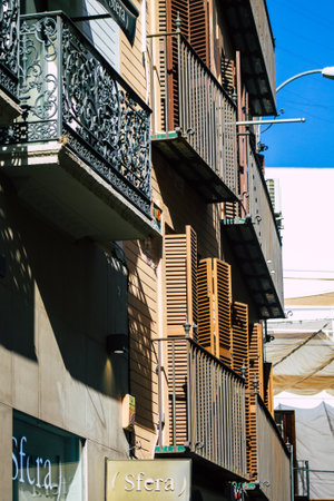 Seville Spain July 21, 2021 Facade of a building in the streets of Seville, an emblematic city and the capital of the region of Andalusia, in the south of Spainのeditorial素材