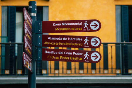 Seville Spain July 23, 2021 Street sign or road sign, erected at the side of or above roads to...