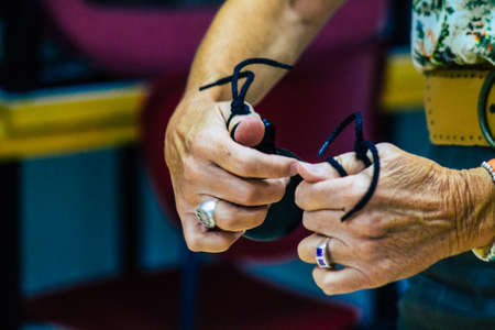 Seville Spain July 23, 2021 Closeup of the hands of castanets players, favorite musical instrument...